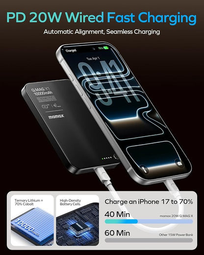 MOMAX Magnetic Wireless Power Bank 10000mAh, Ultra-Slim 0.5" MagSafe-Compatible Portable Charger, 20W USB-C PD Fast Charging, for iPhone 17/16/15/14/13/12 Series, Samsung Galaxy & Google Pixel
