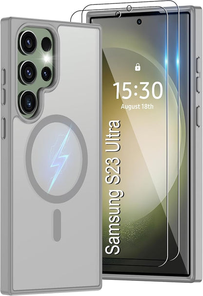 For Samsung Galaxy S23 Ultra Case [Compatible with Magsafe] Translucent Matte Magnetic S23 Ultra Phone Case,SlimThin Duty Shockproof Protection Cover with 2pc HD Screen Protector for S23 Ultra-Gray