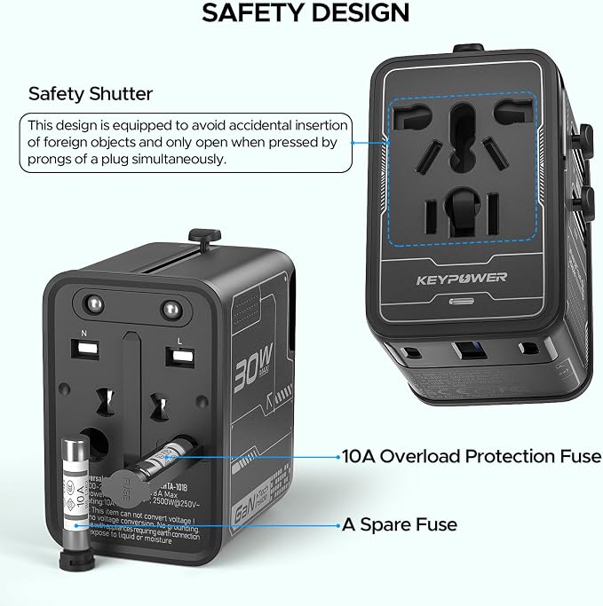 Universal Travel Adapter 30W, 4-Port Power Adapter with 2 USB-C, 1 USB-A | All-in-One Plug Adpater, Works in 200+ Countries, Not a Voltage Converter, Travel Essentials.