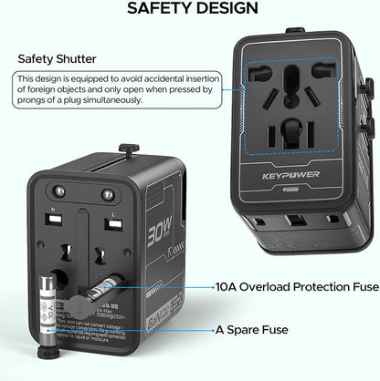 Universal Travel Adapter 30W, 4-Port Power Adapter with 2 USB-C, 1 USB-A | All-in-One Plug Adpater, Works in 200+ Countries, Not a Voltage Converter, Travel Essentials.