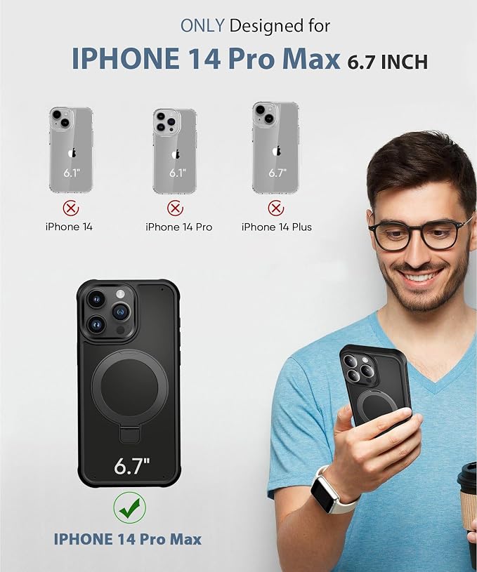 for iPhone 14 Pro Max Case, Built-in Magnetic & Seamless Stand, [Compatible with Magsafe] Protective Shockproof Phone Case, Scratch-Resistant Matte Back Slim Cover for 6.7 Inch - Black