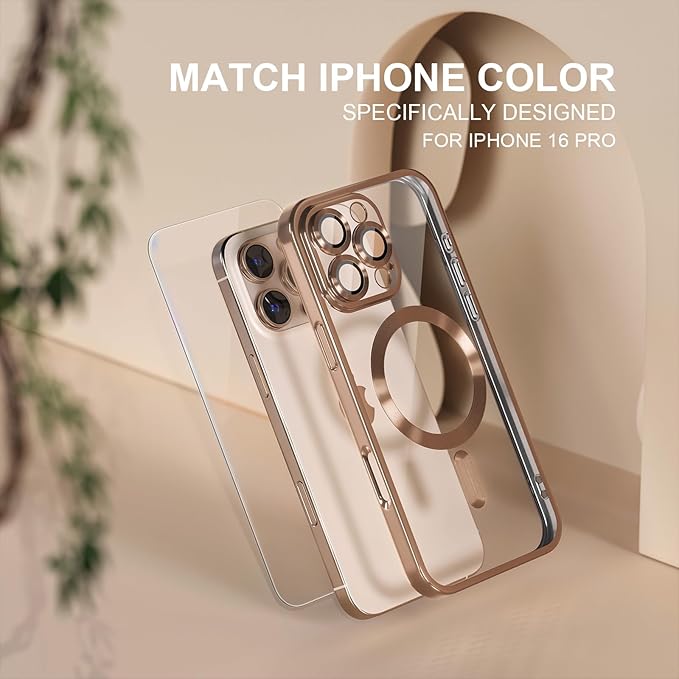 Misea Magnetic for iPhone 16 Pro Case Compatible with MagSafe [Never Yellowing] [Military Grade Drop Protection] Full Camera Lens Protector Plating Soft Clear Phone Case for Women 6.3", Desert