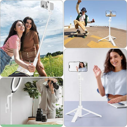 Selfie Stick Travel Tripod for Cell Phone with Remote Control and Phone Holder, Extendable Selfie Stick for iPhone, iPhone Tripod for Video Recording, 50 Inch, White