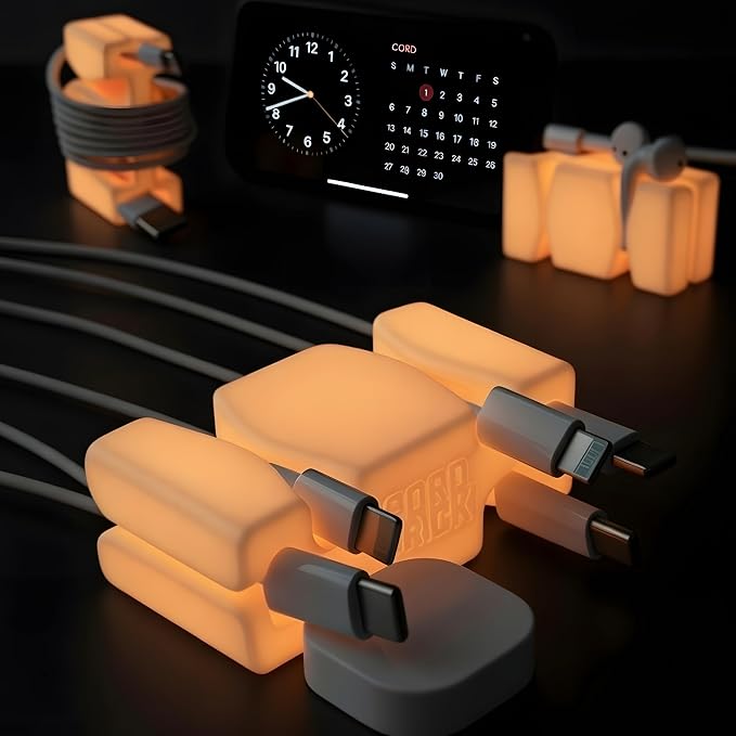 CordBrick 6PK Glowing Silicone + Steel Weighted Cable Holders for Nighstands, Cord Wraps for Travel, Unique iPhone Accessories. Small Graduation Gift for High Schoolers. Gadget for Teens. Orange Glow