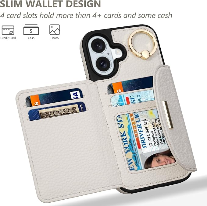 Keallce Wallet Case for iPhone 16 Plus 6.7'', Flip Case with Card Slots, Ring Holder Kickstand, PU Leather Protective Folio Cover for Women, Beige
