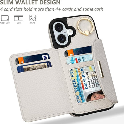 Keallce Wallet Case for iPhone 16 Plus 6.7'', Flip Case with Card Slots, Ring Holder Kickstand, PU Leather Protective Folio Cover for Women, Beige