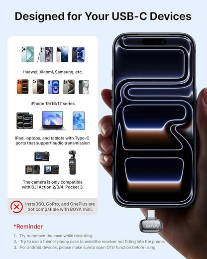 BOYA mini 2 Wireless Lavalier Microphone for iPhone 15/16/17 & Android,AI Noise Cancellation,App Control, 30H Battery Life with Charging Case,Lapel Microphone Wireless for Video Recording Podcast Vlog