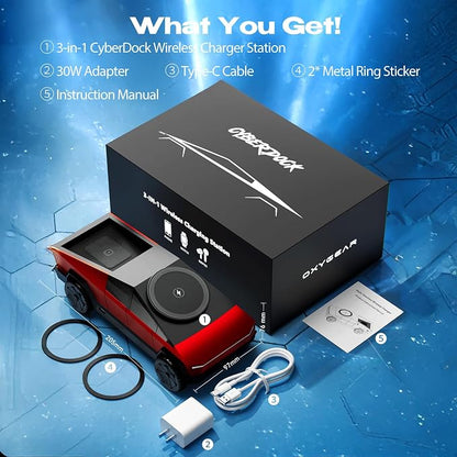 CyberDock 3-in-1 Wireless Charging Station, Cybertruck 1:25 Scale Charger with Qi2 Certified 15W Charging for iPhone iWatch AirPods, Magnetic Rotating Charger with Ambient Light, 30W Adapter, Red