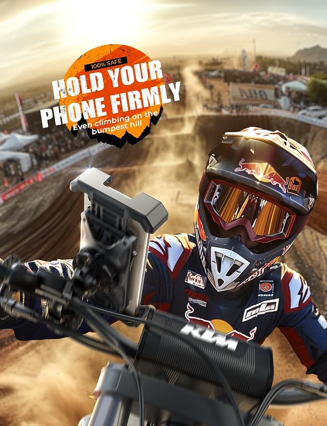 LISEN Motorcycle Phone Mount, [1s Quick Lock] [100mph Military Anti Shake], Dirt Bike Phone Holder, Electric Motorcycle Phone Holder Clamp for iPhone 16 15 Samsung Galaxy, All 4.6-7" Cell Phones