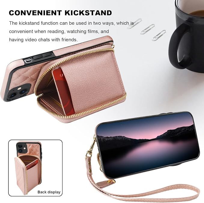 Bocasal Crossbody Wallet Case for iPhone 11, RFID Blocking PU Leather Zipper Handbag Purse Flip Cover, Kickstand Folio Case with Card Slots Holder Wrist Strap Lanyard 6.1 Inch (Rose Gold)