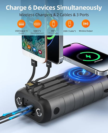 Solar Portable Charger Power Bank 59800mAh, Outdoor Waterproof Battery Pack, 3 Built in Cables & Hand Crank, 6 Outputs, 15W Wireless Charging, Emergency LED Flashlight for Camping Hiking Travel