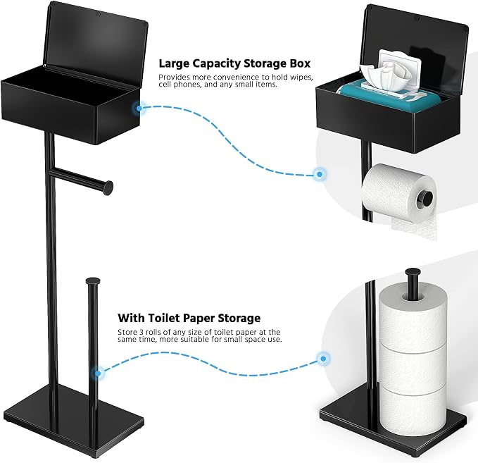 CISILY Black Toilet Paper Holder Stand with Storage Shelf, Free Standing Toilet Paper Roll Holders, Bathroom Toliet Tissue Holder Accessories Essentials