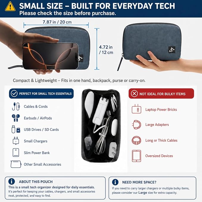 Small Electronics Organizer Travel Case, Cord and Cable Tech Bag Pouch | Compact soft tech Bag pouch for cables cords chargers earbuds and slim power bank water-resistant for travel, cruise and work