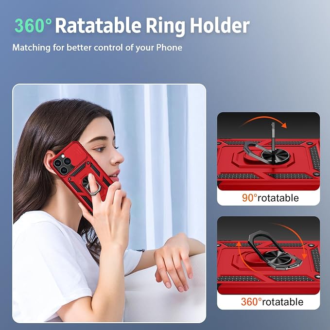 Weycolor for iPhone 14 Pro Max Case with Camera Lens Cover, HD Screen Protector, 10 FT Military Grade Drop Protection, Magnetic Ring Holder Kickstand Protective Phone Case, Red