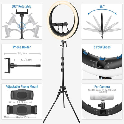 NEEWER 19 inch Ring Light with Stand, 3 Phone Holders and Mini Ball Head, Upgraded 2.4G & Touch Control, Smooth Dimming at 1%, 3200K-5600K for Selfie TikTok Live Streaming Video Recording Zoom, RP19H