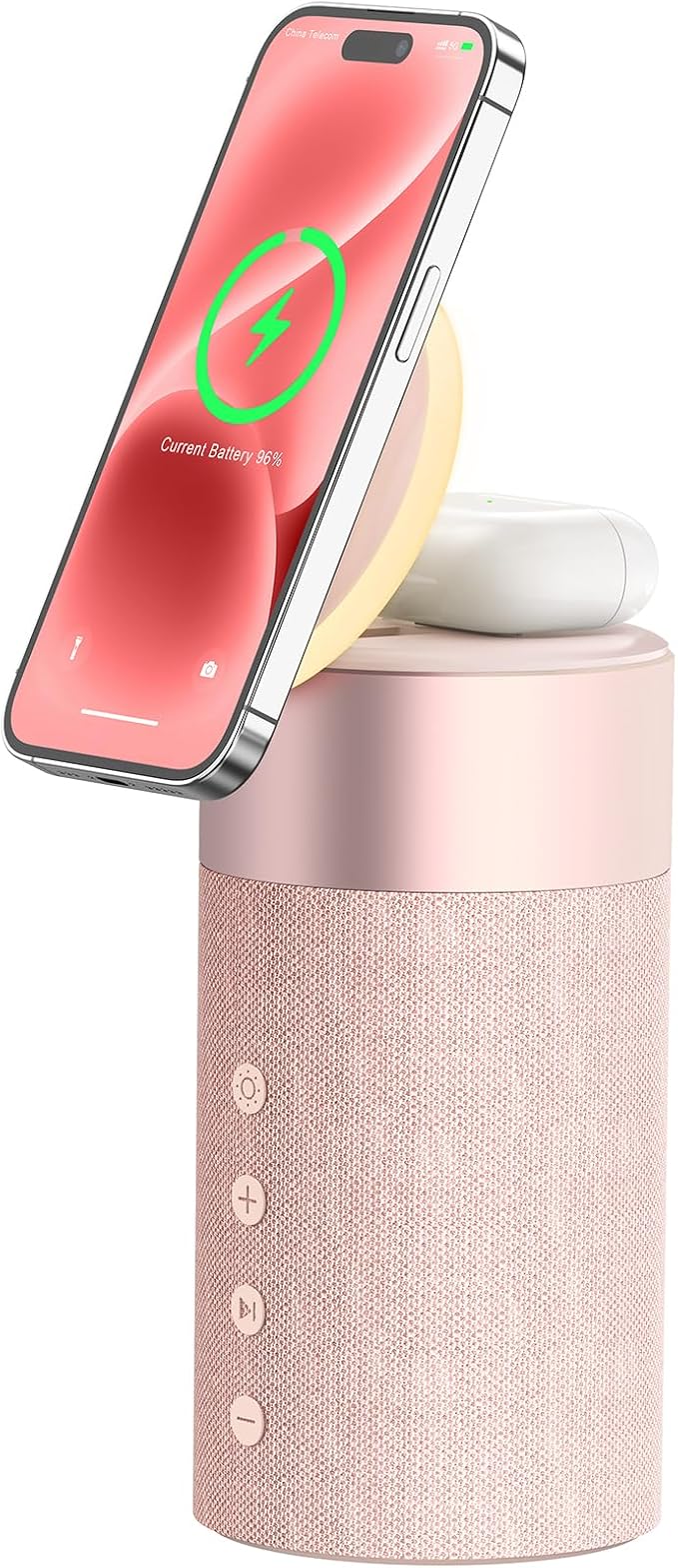 COLSUR Bluetooth Speaker, Magnetic Wireless Charger, Bluetooth Speakers with Night Light, 2 in 1 Wireless Charging Station for iPhone 17/16/15/14/13/12 Series, AirPods Pro 2/4/3/2（Gift Ideal） (Pink)