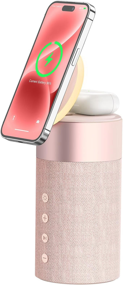 COLSUR Bluetooth Speaker, Magnetic Wireless Charger, Bluetooth Speakers with Night Light, 2 in 1 Wireless Charging Station for iPhone 17/16/15/14/13/12 Series, AirPods Pro 2/4/3/2（Gift Ideal） (Pink)