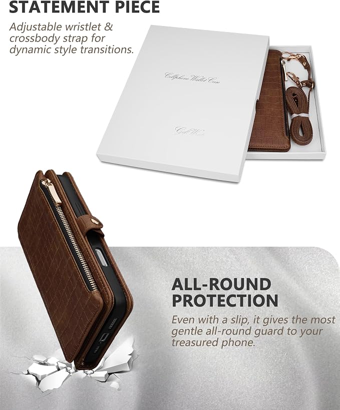 Crossbody Wallet Case for iPhone 16 Pro Max with Mirror, Wrist Strap, Zipper Purse Magnetic Flip RFID Blocking Card Holder, Wireless Charging, PU Leather Shockproof 6.9" Women (Brown)