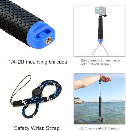 GEPULY 7''-23''Waterproof Pole Selfie Stick Pocket Size Underwater Handle Grip Monopod Aluminum for GoPro Hero Session Max Insta360 AKASO DJI OSMO Digital Cameras