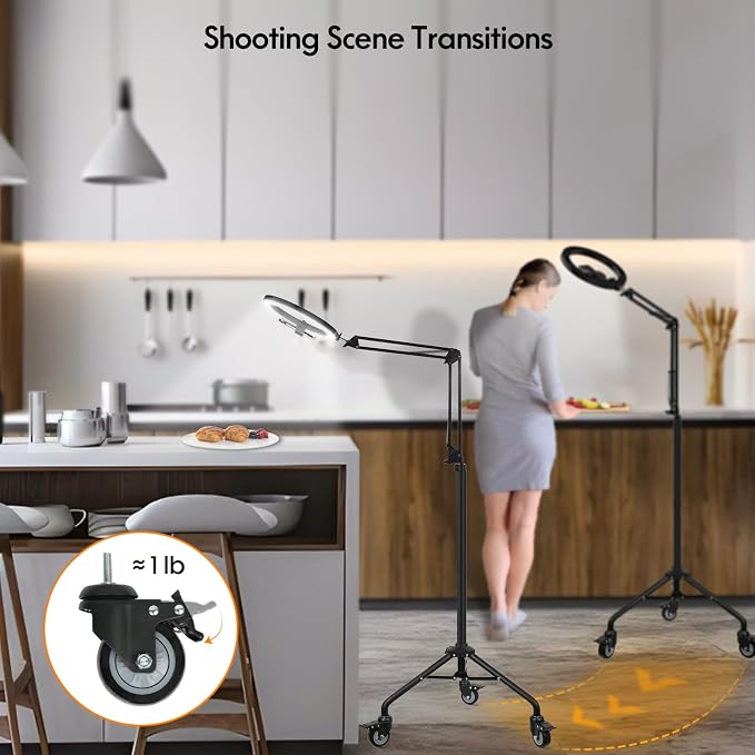LUXSURE Tripod for iPhone with Ring Light, Overhead Camera Mount with Casters,LED Ring Light with Stand and Phone Holder,Phone Tripod with Light for Video Recording/Live Streaming/Cooking