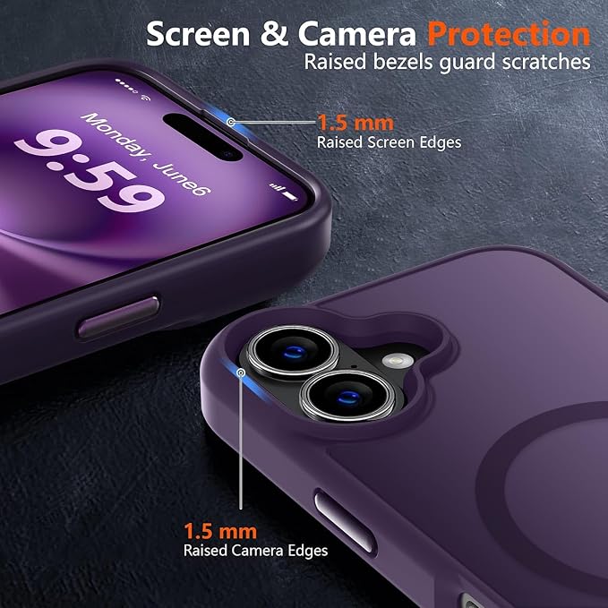 MOCCA Strong Magnetic for iPhone 16 Case, [Compatible with Magsafe][16FT Mil-Grade Drop Protection] Slim Thin Translucent Matte Protective Cover Case for iPhone 16 Phone Case 6.1", Deep Purple