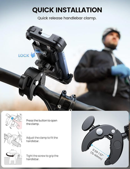 Lamicall Motorcycle Phone Mount, Bike Phone Holder - [Metal Lock] Upgrade Quick Install Bar Clip for Bicycle Scooter, Cell Phone Clamp Gifts for iPhone 17 16 15 Pro Max, Galaxy, 4.7-6.8" Phones