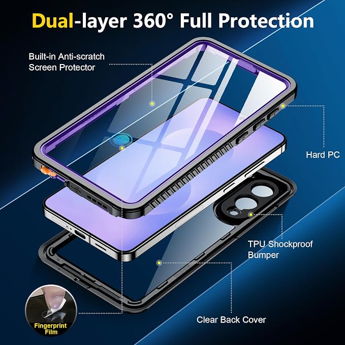 SPIDERCASE for Samsung Galaxy S25 Edge Case Waterproof, Built-in Screen&Camera Lens Protector, [IP68 Underwater][12FT Military Grade Shockproof] Phone Case, Purple/Clear
