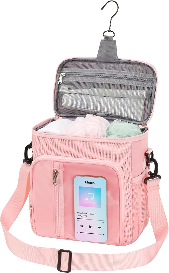 F-color Crossbody Shower Caddy with Phone Holder - Hands-Free Portable Toiletry Bag Fits Full-Size Bottles, Quick Dry Mesh Hanging Tote for College Dorm Essentials, Camping, Gym, Travel, Large, Pink