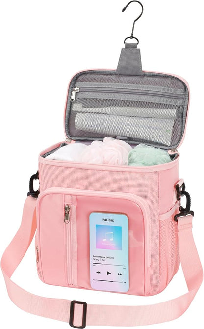 F-color Crossbody Shower Caddy with Phone Holder - Hands-Free Portable Toiletry Bag Fits Full-Size Bottles, Quick Dry Mesh Hanging Tote for College Dorm Essentials, Camping, Gym, Travel, Large, Pink