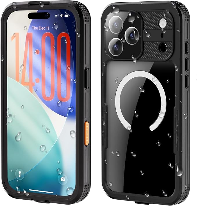 Magnetic for iPhone 17 Pro Max Case Waterproof, Full-Body Protection Case with Built-in Screen and Cameras Protector, Military Shockproof and Dustproof Phone Cover for iPhone 17 Pro Max (Black/Clear)