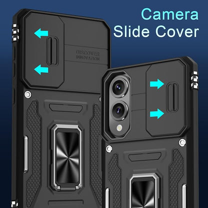 DEERLAMN Case for Samsung Galaxy S25 Edge with Slide Camera Cover+Screen Protector (1 Pack), Rotated Ring Kickstand Military Grade Shockproof Protective Cover-Black
