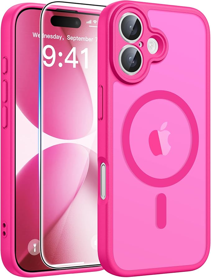FNTCASE for iPhone 17 Case: [Compatible with Magsafe] Translucent Matte Cases with [Full Camera Protection] [Screen Protector] Military Grade Shockproof Protective Phone Cover - Hot Pink