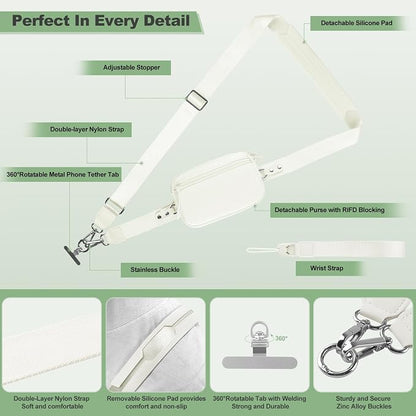 YFWE Clip and Go Strap for Phone with Wallet Crossbody, Adjustable Phone Lanyard with Detachable RFID Wristlet Wallet & Ultra-Thin 360° Rotatable Metal Tabs for All Smartphones (Cream)