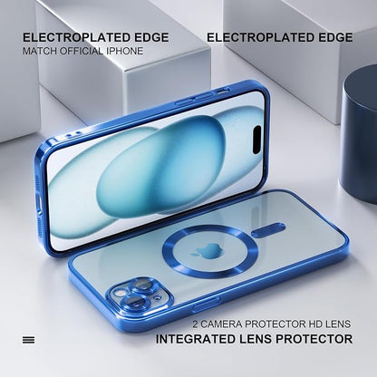 Misea Magnetic for iPhone 15 Case Compatible with MagSafe [Never Yellowing] [Military Grade Drop Protection] Full Camera Lens Protector Plating Soft Clear Phone Case for Women, Deep Blue