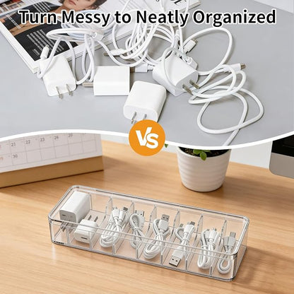 Cable Organizer Storage Box with Lid - Clear Phone Charger Cord Organizer Case - Cables Wire Management Box with Adjustable Compartments 10 Wire Ties for Drawer Desk Office Home Accessories(1 pack)