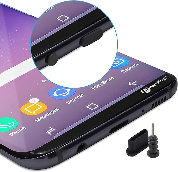 PortPlugs USB-C Dust Plugs for Galaxy S10/S9/S8, A72, A52, M51 & Other USB-C Devices with Headphone Jacks – Anti-Dust Covers with SIM Tool & Cleaning Brush | Black (5-Pairs)