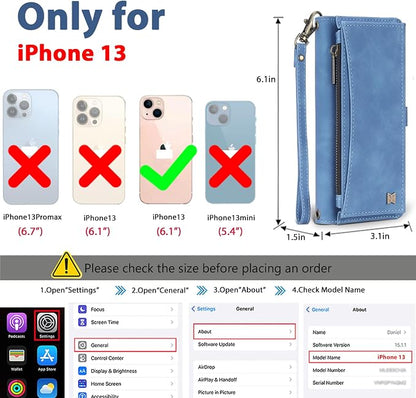 Wallet Case for iPhone 13 with Card Holder/Crossbody Wallet/Strap| RFID Blocking | Magnetic | Kickstand | Detachable | PU Leather Phone Case for iPhone 13,6.1 in,Sky Blue