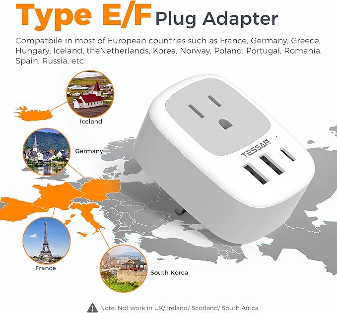TESSAN 3 Pack Type E F Plug Adapter | Spain Adapter Plug, 3 USB Ports (1 USB C), South Korea Outlet Adapter