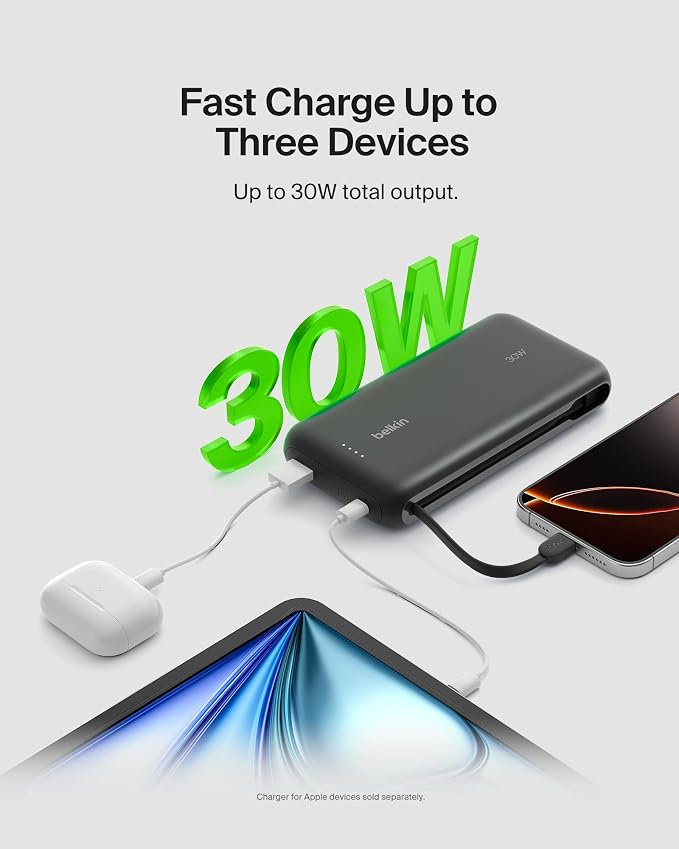 Belkin Power Bank with Integrated Cable, Fast Charging USB-C, 20000 mAh 30W, Portable Charger Power Bank USB C for iPhone 17, Air, Pro, Pro Max, iPad, AirPods, Apple Watch, Galaxy S25, & More - Black