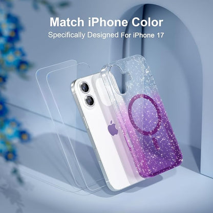 Choiche Magnetic for iPhone 17 Case Compatible with MagSafe, Women Cute Glitter Sparkly Phone Case with Diamond Camera Lens Protectors, Military-Grade Drop Protection 6.3" (Clear/Purple)