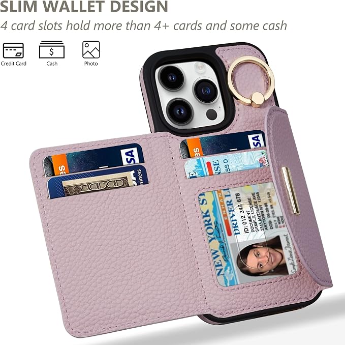 Keallce Wallet Case for iPhone 16 Pro 6.3'', Flip Case with Card Slots, Ring Holder Kickstand, PU Leather Protective Folio Cover for Women, Pink