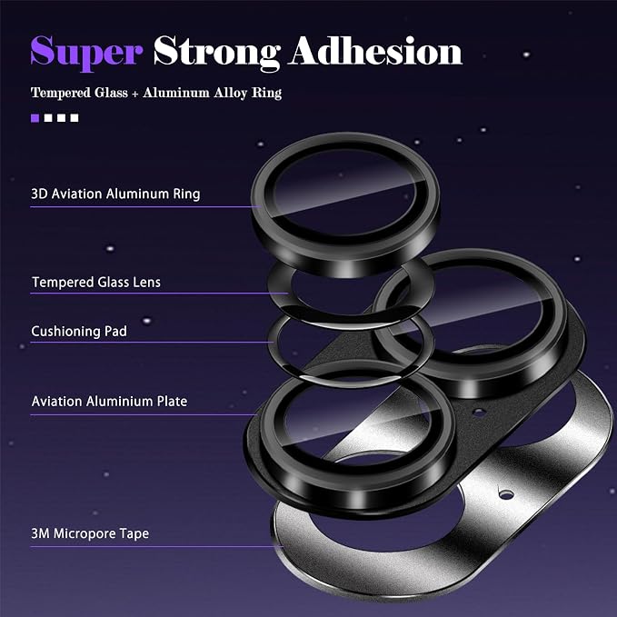 Camera Lens Protector for iPhone 17 Camera Lens Protector [Strong Adsorption] [Not Easy to Break] Metal Tempered Glass Rear Camera Screen Cover - Black