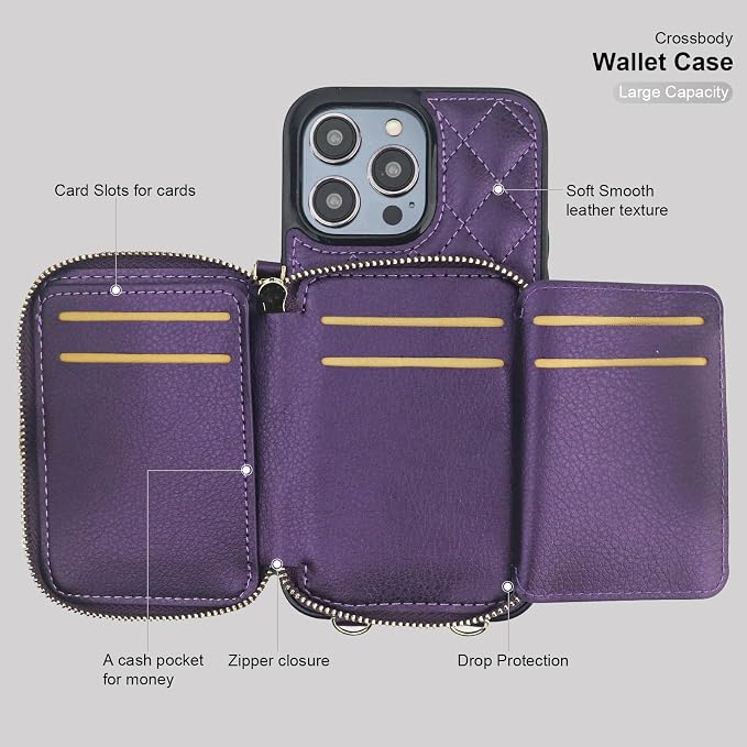 Bocasal Crossbody Wallet Case for iPhone 14 Pro Max, RFID Blocking PU Leather Zipper Handbag Purse Flip Cover, Kickstand Folio Case with Card Slots Holder Wrist Strap Lanyard 5G 6.7 Inch (Dark Purple)