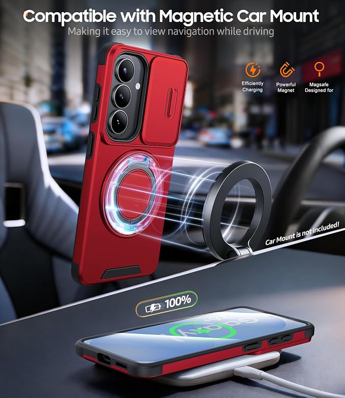 JAME for Samsung Galaxy S26+ Plus Case, Ring Holder Stand Kickstand, Slide Camera Cover with Screen Protector, Dual-Layer Shockproof Protective, Magnetic Accessory Friendly S26 Plus Phone Case, Red