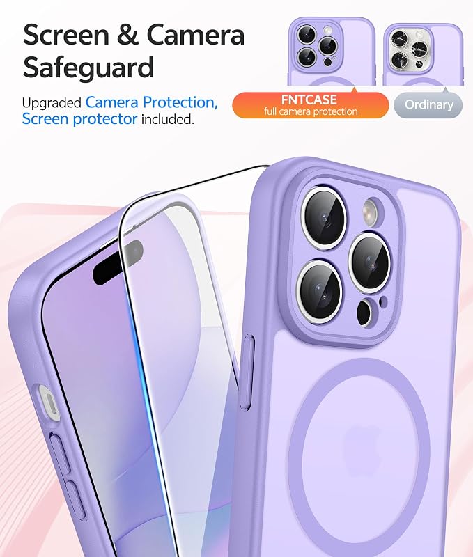 FNTCASE for iPhone 15 Pro Case: [Compatible with Magsafe] Translucent Matte Cases with [Full Camera Protection] [Screen Protector] Military Grade Shockproof Protective Phone Cover - Light Purple