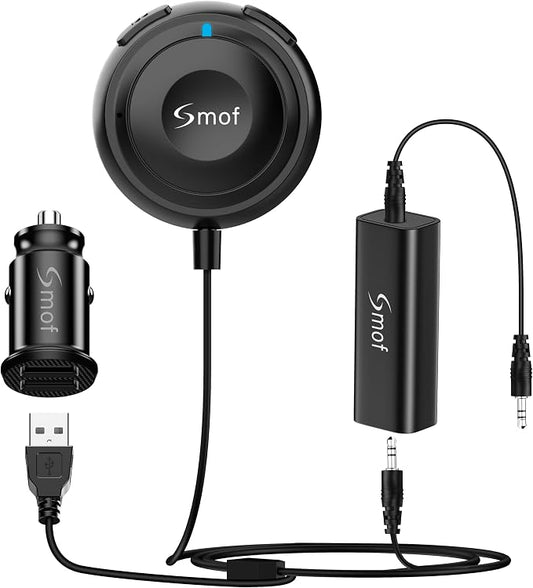 Smof Bluetooth Car Adapter, Aux Bluetooth Adapter for Car with Dual Port USB Charger & Ground Loop Noise Isolator, Wireless Audio Receiver with 3.5mm Aux Port, Hands-Free Calls, Dual Connection