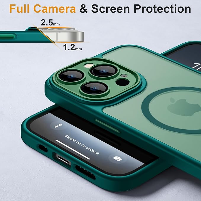 ROYBENS for iPhone 13 Pro-Max Matte Clear Case Compatible with Magsafe, Full Camera Lens Protection, Screen Protector, Wrist Strap, Translucent Magnetic Slim Hard Protective Phone Cover, Green