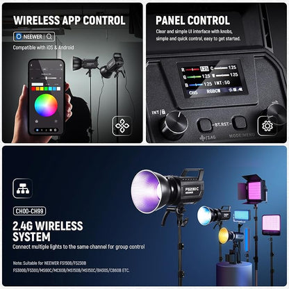 NEEWER 230W High Power RGB LED Video Light, APP/2.4G Control, 2500K-7500K 23000lux/1m COB Continuous Output Lighting, 17 Effects CRI95+ Bowens Spotlight for Studio Photography Video Recording, FS230C