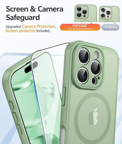 FNTCASE for iPhone 16 Pro Case: [Compatible with Magsafe] Translucent Matte Cases with [Full Camera Protection] [Screen Protector] Military Grade Shockproof Protective Phone Cover - Light Moss
