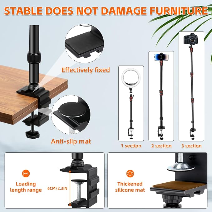 Taisioner Overhead Camera Mount Desk Stand 3-Section Articulated Arm with Heavy Duty C-Clamp 360° Ball Head 5LB Load Capacity Compatible with DSLR,Webcam,Lights,Microphone Live,YouTube,Online Courses